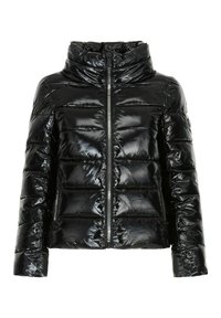 Czarna puchowa kurtka z wysokim kołnierzem, o błyszczącym wykończeniu, poziome pikowanie i zamkiem błyskawicznym z przodu. Posiada dwie boczne kieszenie na przechowywanie.
