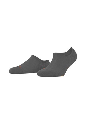 Graue Knöchelsocken aus weichem Material mit nahtlosem Design. Enthält ein oranges Logo an der Seite, das die textile Qualität hervorhebt.