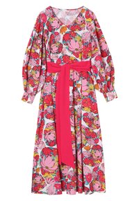 Vestido floral con patrones vibrantes en rosa, rojo y amarillo, con mangas largas abullonadas y un cinturón a juego rosa en la cintura. Diseño en V.