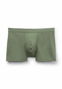 Zielone bawełniane slipy z gładką fakturą, elastycznym pasem i otworem z przodu, o prostym designie i bez wzorów.