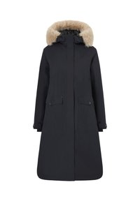 Parka blu navy con cappuccio in pelliccia sintetica, maniche lunghe, zip frontale, due tasche al petto e due tasche inferiori a patta, con una silhouette dritta.