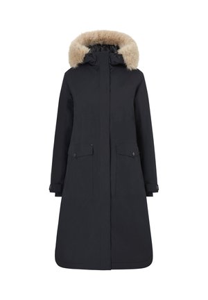 Parka bleu marine avec capuche en fausse fourrure, manches longues, fermeture éclair à l'avant, deux poches sur la poitrine et deux poches à rabat inférieures, présentant une silhouette droite.