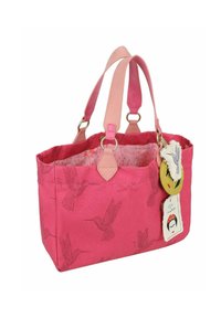 Roze stoffen draagtas met kolibriprint, leren accenten en dubbele handvatten. Heeft een gevoerde binnenkant en decoratieve tags.