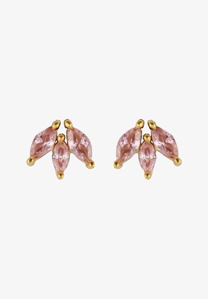 Goldene Ohrstecker mit drei rosa Marquise-förmigen Edelsteinen, die auf jedem Ohrstecker fächerförmig angeordnet sind.
