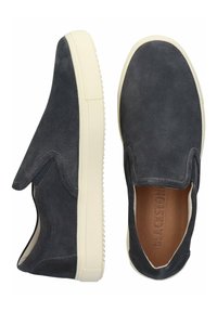 Scarpe slip-on in suede grigio scuro con suola in gomma bianca crema. Presentano pannelli elastici ai lati e una soletta in pelle liscia.