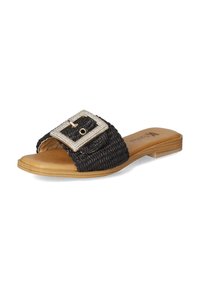 Black woven slide sandal with a sparkly rectangular buckle detail, tan footbed, and flat sole. Rubber outsole for grip and comfort.