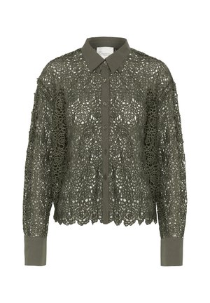 Chemise vert olive avec un empiècement en dentelle présentant un motif floral, fermeture à boutons à l'avant et col pointu. Manches longues avec poignets unis.