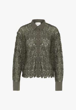 Olive green shirt with a lace overlay featuring a floral pattern, button front, and pointed collar. Long sleeves with solid cuffs.