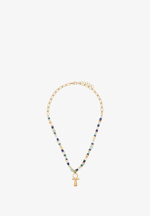 Kolorowa naszyjnik z koralików z złotym łańcuchem, z małymi, wielokolorowymi koralikami i złotym wisiorkiem w kształcie ankh na środku.