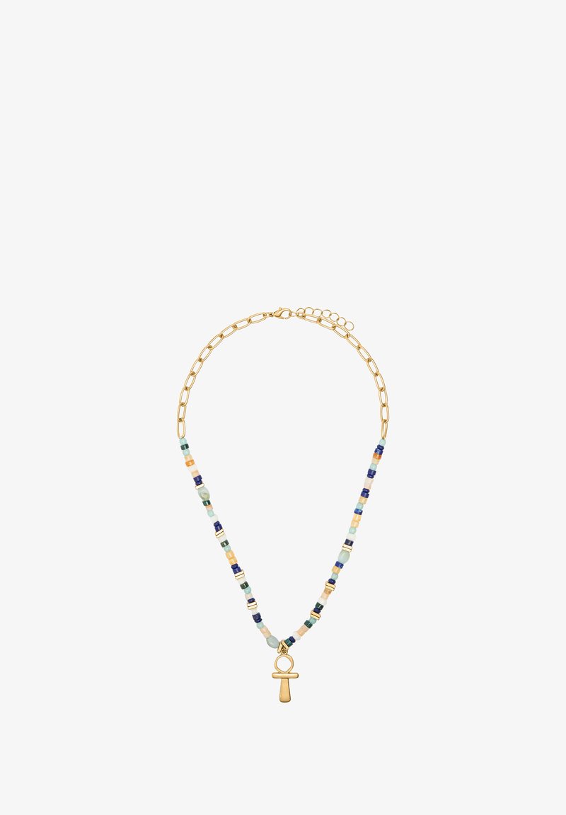Kolorowa naszyjnik z koralików z złotym łańcuchem, z małymi, wielokolorowymi koralikami i złotym wisiorkiem w kształcie ankh na środku.