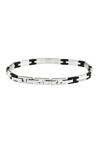 Bracelet en acier inoxydable argenté et noir avec des maillons entrelacés, présentant un design plat et une finition polie. Marqué "BREIL".