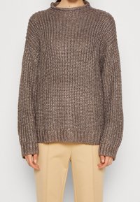 Maglione marrone lavorato a maglia con un collo alto, vestibilità ampia e polsini e orlo a costine. La texture è spessa, creando un aspetto caldo e accogliente.