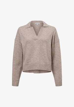 Beige knit pullover with a V-neck and collar, featuring dropped shoulders and a cropped hem. Soft texture, casual design, minimal detailing.