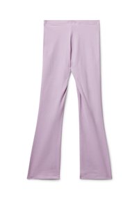Pantalon long évasé de couleur lilas avec une texture lisse et des coutures visibles le long de la taille et des ourlets sur un fond blanc.