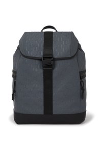 Gray backpack with a textured geometric pattern, adjustable black strap, and side zippers. Durable, water-resistant material with a solid bottom.