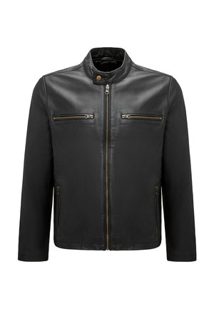 Schwarze Lederjacke mit Frontreißverschluss, zwei horizontalen Reißverschlusstaschen auf der Brust, seitlichen Reißverschlusstaschen und einem Kragen mit Druckknopf.