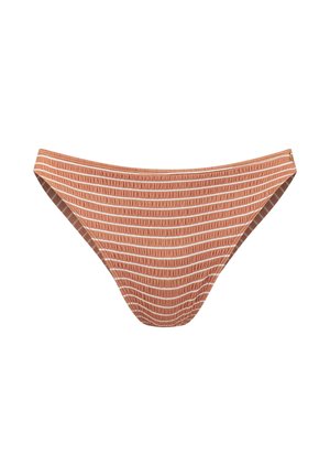 Bikinihose in Rostfarbe mit dünnen weißen horizontalen Streifen und leicht strukturierter Stoffstruktur auf weißem Hintergrund.