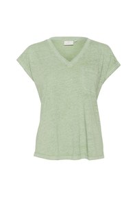 T-shirt verde chiaro a maniche corte con scollatura a V, realizzato in tessuto testurizzato, dotato di una piccola tasca sul petto e una vestibilità rilassata.