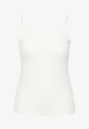 Top alb din satin cu bretele subțiri, realizat dintr-un material neted, având o croială ajustată și un design fără cusături. Fără modele vizibile sau accesorii.