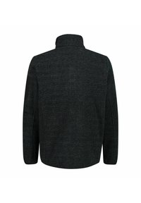 Dunkelgraue Jacke mit hohem Kragen, ausgestattet mit einem strukturierten Stoff und glatten schwarzen Akzenten an den Schultern. Entworfen für eine lockere Passform.