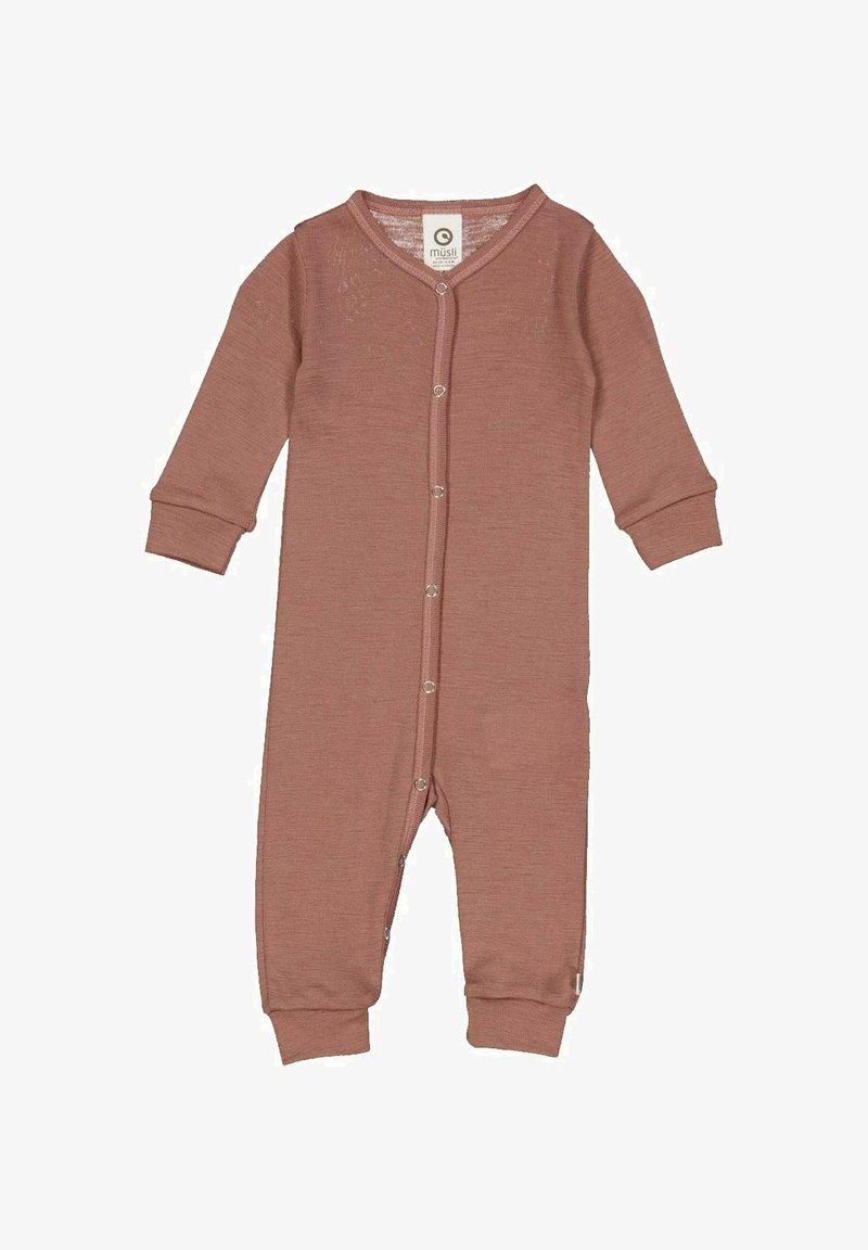 Jasnoróżowy body z długim rękawem, wykonane z miękkiego materiału, z okrągłym dekoltem, zapięciem na guziki z przodu i mankietami.