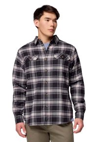 Camicia flanella a quadri nera e grigia con due tasche sul petto, chiusura a bottoni e maniche lunghe. Il tessuto presenta una consistenza morbida e cuciture visibili.