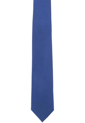 Blaue Krawatte aus glattem Stoff. Sie zeichnet sich durch ein schmales Design mit spitz zulaufender Spitze und eine subtile Rippenstruktur aus.
