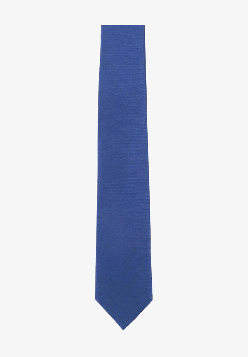 Blue necktie, made of smooth fabric. Features a narrow design with a pointed tip and a subtle ribbed texture throughout.
