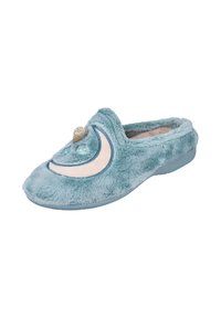 Zapatilla de felpa sintética turquesa con punta redondeada, acento en crema, diseño de luna creciente y un adorno de corazón dorado en la parte superior.