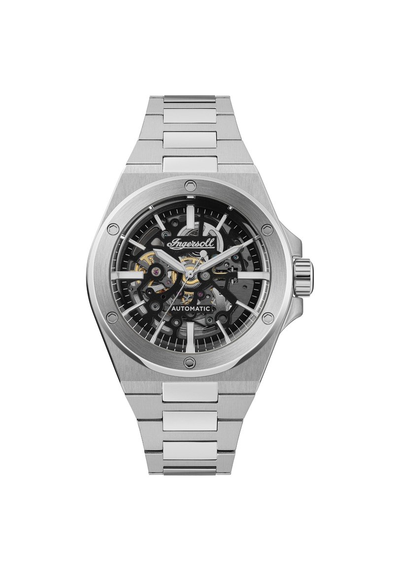 Orologio automatico in acciaio inox con quadrante scheletrato nero, indici delle ore argentati e bracciale lucido. Presenta una cassa rotonda.