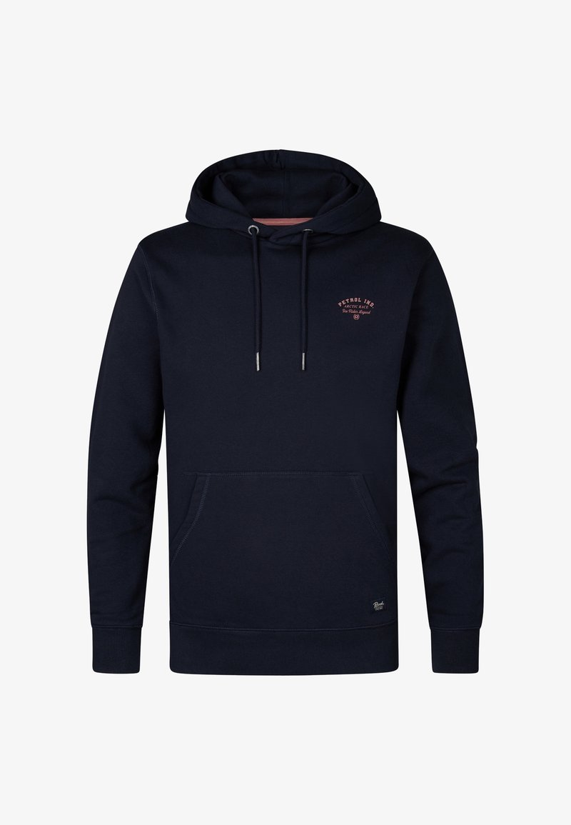Sweat à capuche bleu marine avec poche avant, cordons sur la capuche et petit logo texte rouge sur la poitrine gauche.