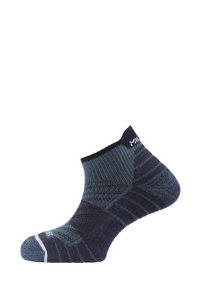 Dark blue and gray ankle sock with ribbed texture and reinforced toe and heel areas, shown from a side view.