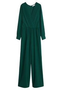 Combinaison verte à manches longues, décolleté en V profond, corsage plissé et design à jambes larges. Tissu lisse avec une taille cintrée et fermeture éclair dans le dos.