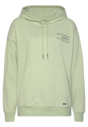 Light green hoodie made of soft cotton blend. Features a front pocket, adjustable drawstring, and printed text on the upper left.