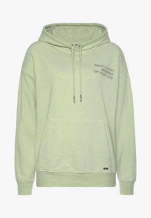 Hellgrüner Hoodie aus weichem Baumwollmischgewebe. Verfügt über eine Fronttasche, verstellbare Kordelzüge und bedruckten Text auf der oberen linken Seite.