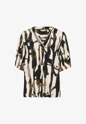 Top a maniche corte in un tessuto leggero, con scollatura a V, motivo astratto di pennellate nere e marroni su uno sfondo crema.