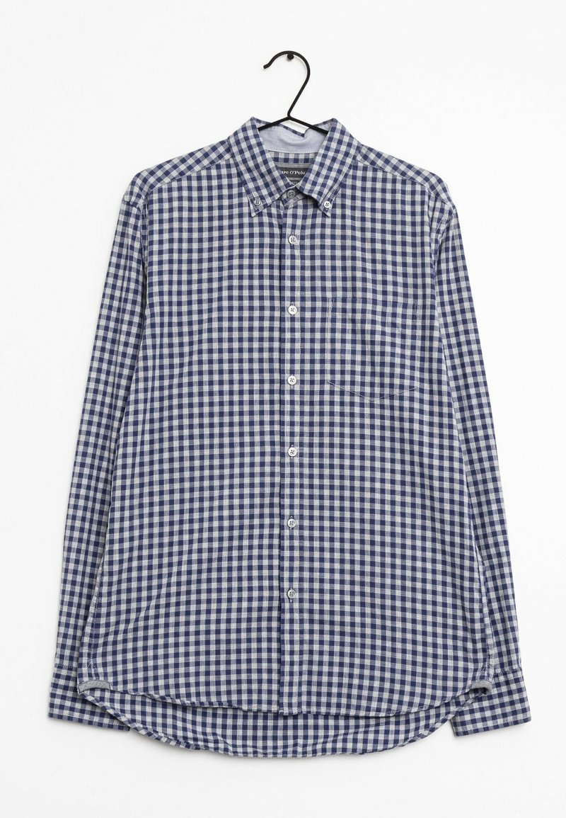 Camisa de manga larga a rayas azul y blanca con cuello abotonado, bolsillo frontal y dobladillo redondeado. La tela parece ligera y texturizada.