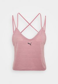 Różowy, krótkie sportowe top z cienkimi krzyżującymi się ramiączkami i małym czarnym logo Puma na środku przodu.