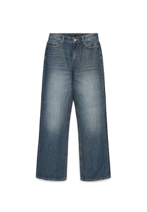 Jeans di denim blu con vita alta, gambe larghe e leggero scolorimento nella parte anteriore delle cosce, mostrati distesi su sfondo bianco.