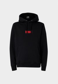 Black hoodie made of soft fabric, featuring a large red embroidered "BONO." text on the chest and a front kangaroo pocket.