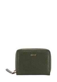 Green leather zip wallet with pebbled texture, gold hardware, and logo embossed on the front. Compact rectangular design with a zipper.