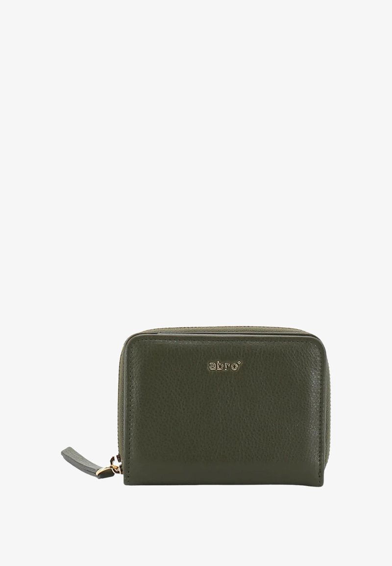 Green leather zip wallet with pebbled texture, gold hardware, and logo embossed on the front. Compact rectangular design with a zipper.