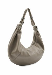 Grijze leren hobo-tas met een gebogen vorm, een geknoopte schouderriem en accenten van zilverkleurig beslag. Voorzien van een ritssluiting en een zachte textuur.