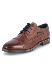 Chaussure de dress marron en cuir avec une finition lisse, bout arrondi, lacets sur le devant, couture décorative et talon empilé.