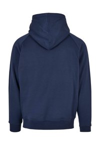 Sudadera con capucha de color azul marino, con una textura suave, mangas raglán y un dobladillo acanalado. La parte posterior presenta una costura centrada y sin detalles adicionales.