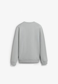 Sudadera gris claro con cuello redondo, mangas largas, puños y dobladillo acanalados, textura suave y un diseño minimalista en la parte trasera.