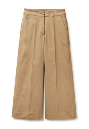 Beige weite Hosen aus Baumwolle. Mit einem einzelnen Knopfverschluss, zwei Vorderentaschen und einem sauberen, geraden Saum.