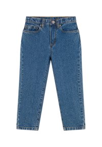 Jeans in denim blu con gamba dritta, dotati di cinque tasche, cuciture gialle e un bottone in metallo in vita. Texture liscia.