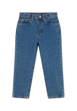 Blaue Jeans aus Denim mit geradem Bein, ausgestattet mit fünf Taschen, gelben Nähten und einem Metallknopf an der Taille. Glatte Textur.