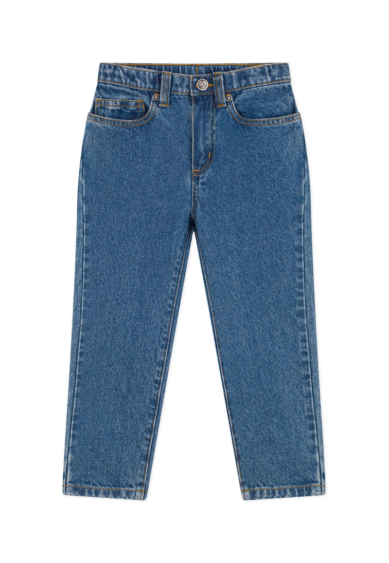 Jeans in denim blu con gamba dritta, dotati di cinque tasche, cuciture gialle e un bottone in metallo in vita. Texture liscia.